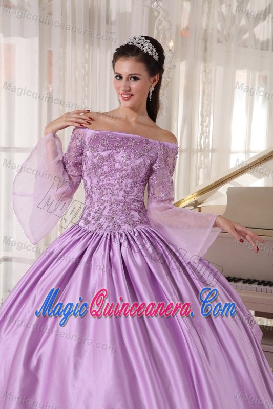 Pretty Lavender Taffeta Quinceanera Gown Long Sleeves with Appliques