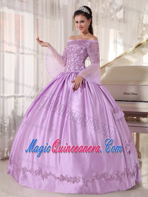 Pretty Lavender Taffeta Quinceanera Gown Long Sleeves with Appliques