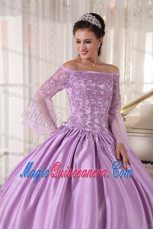 Pretty Lavender Taffeta Quinceanera Gown Long Sleeves with Appliques