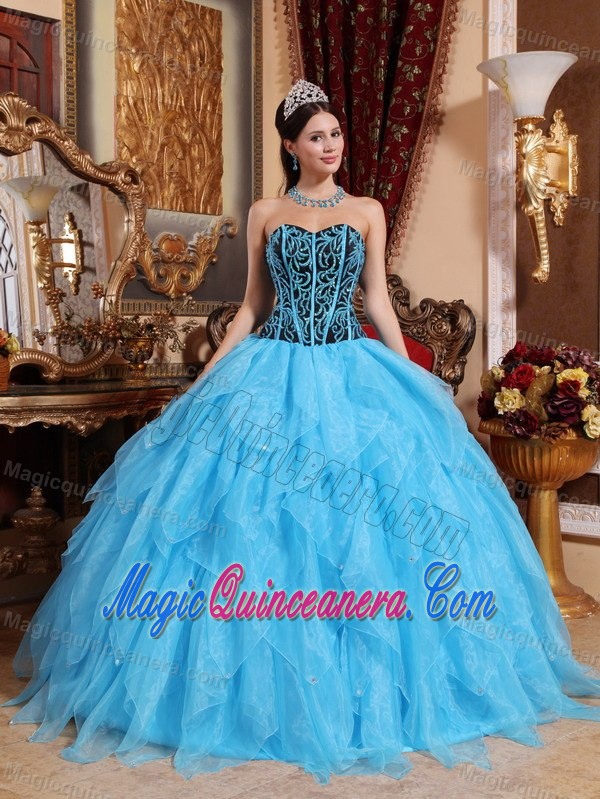 Newest Aqua Blue Sweetheart Ruffled Trajes De Quinceaneras in Organza