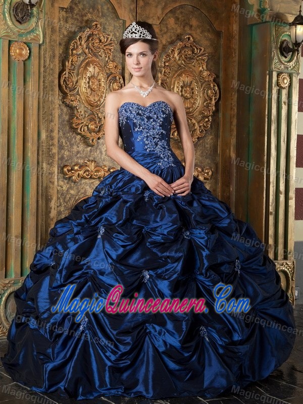 Fashionable Appliques Dresses for a Quince with Pick-ups in Navy Blue