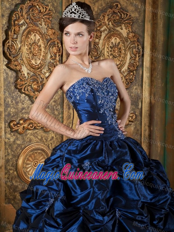Fashionable Appliques Dresses for a Quince with Pick-ups in Navy Blue