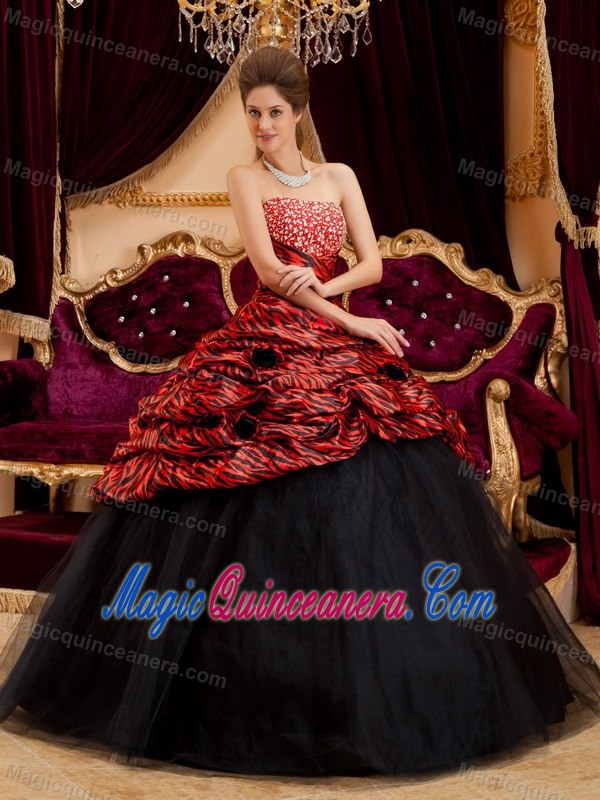 Trendy Black and Red Zebra Sweet 15 Dress Beading Tulle and Taffeta
