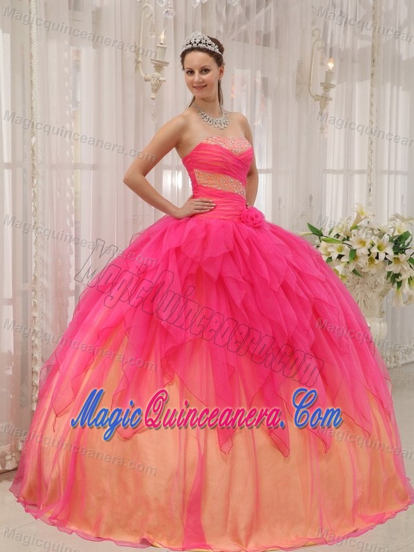 Romantic Hot Pink Ball Gown Beading Quinceanera Dresses in Organza