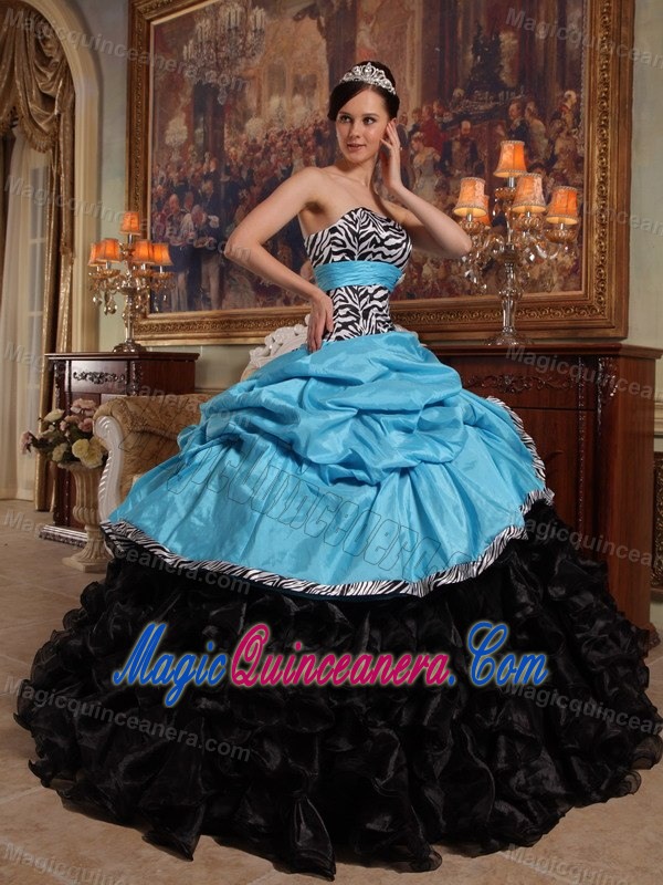 Special Strapless La Quinceanera Dress Zebra Print Pick-ups Aqua Blue