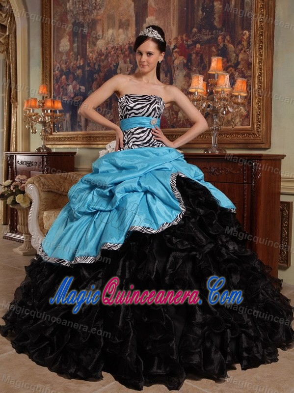 Special Strapless La Quinceanera Dress Zebra Print Pick-ups Aqua Blue