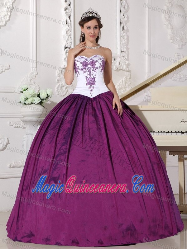 White and Purple Taffeta Sweetheart Dress for Quince with Embroidery