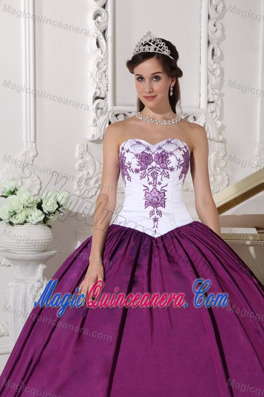 White and Purple Taffeta Sweetheart Dress for Quince with Embroidery