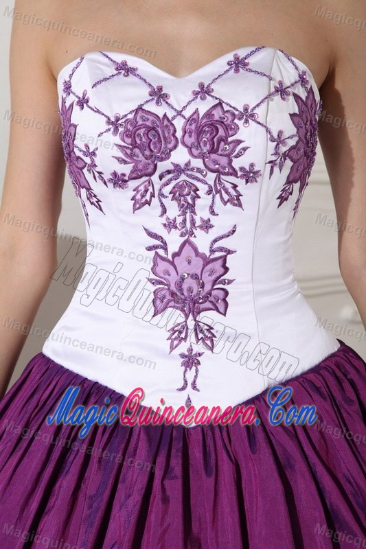 White and Purple Taffeta Sweetheart Dress for Quince with Embroidery