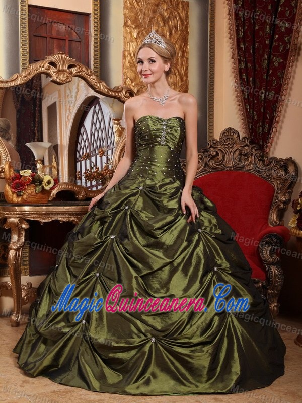 Modest Beading Pick-ups Sweet 16 Dresses Sweetheart in Olive Green