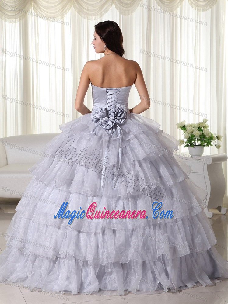 Gray Ruffled Layers Beading Dresses for a Quince Hand Made Flowers