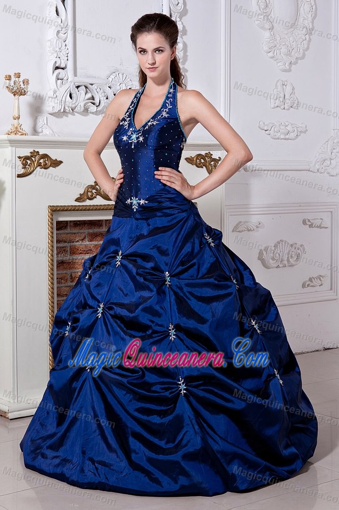 Graceful Royal Blue Dresses for Quince Halter Top Embroidery Taffeta