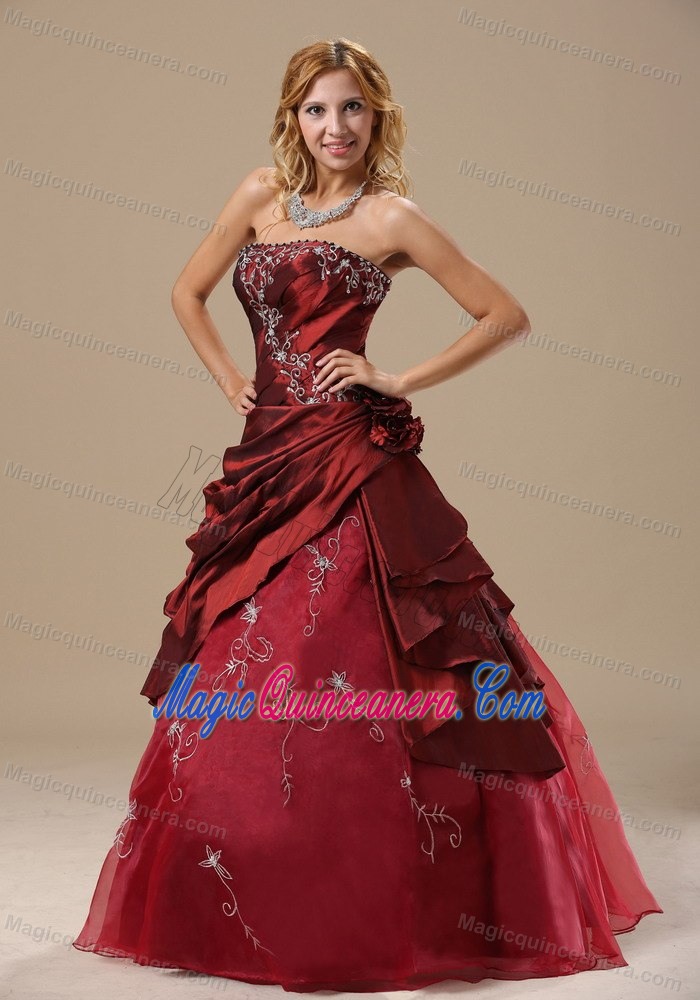 the Best Burgundy Strapless Applique Quinceanera Gown with Pick-ups