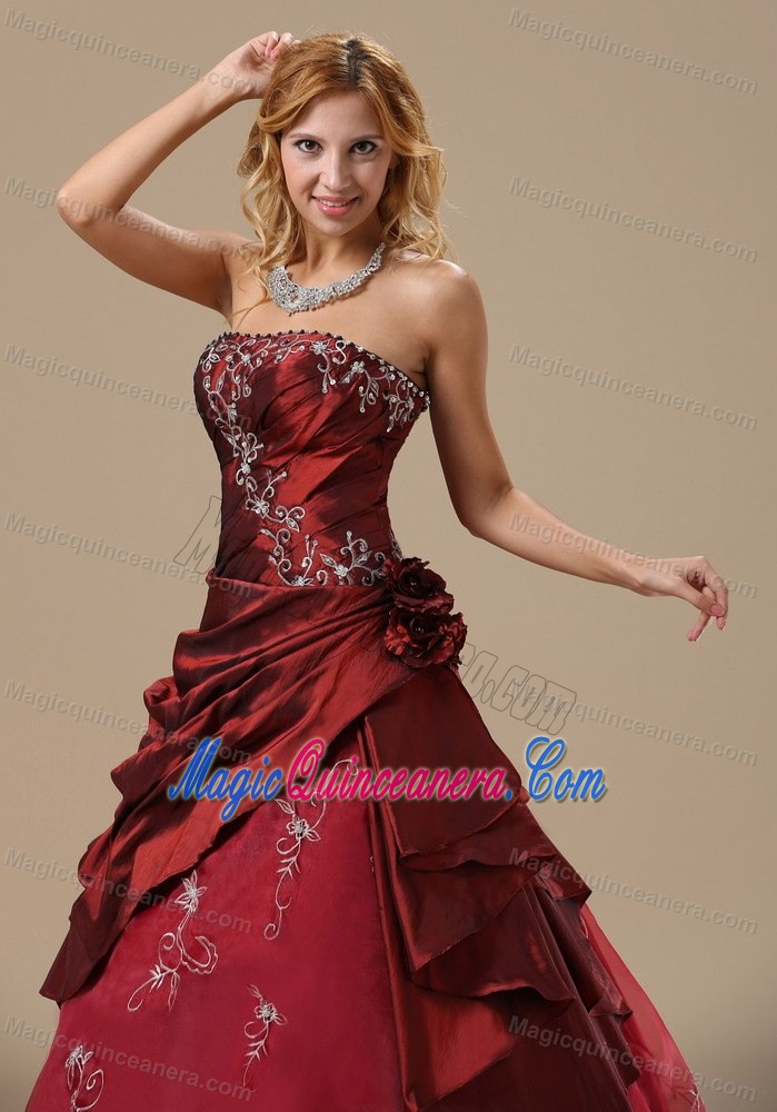 the Best Burgundy Strapless Applique Quinceanera Gown with Pick-ups
