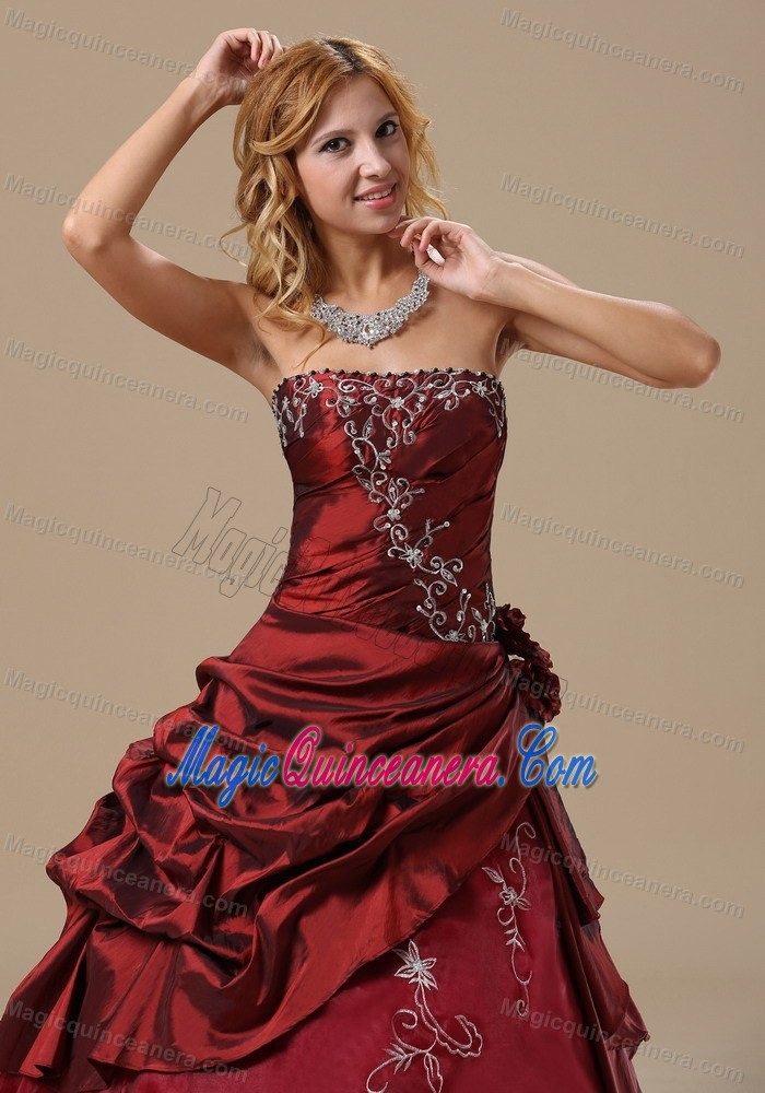 the Best Burgundy Strapless Applique Quinceanera Gown with Pick-ups
