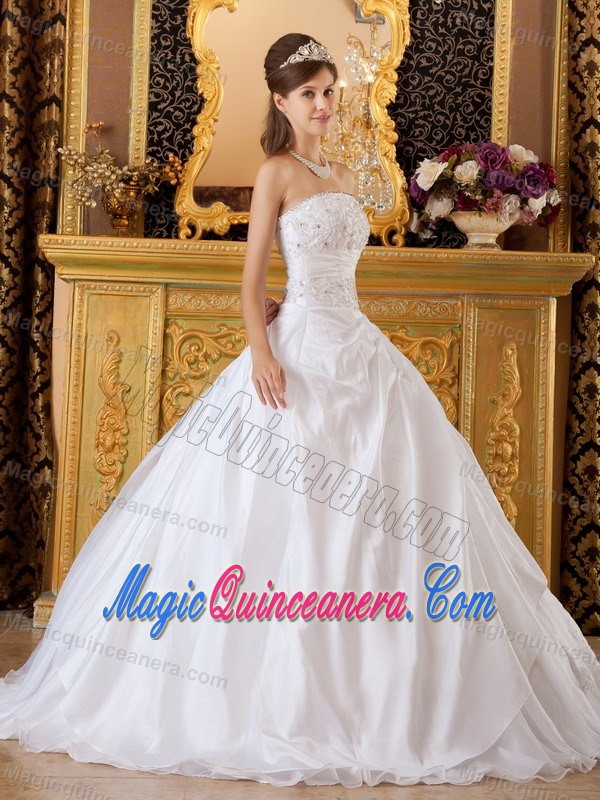 Pretty Princess White Strapless Dress for Quince Appliques for Gilbert