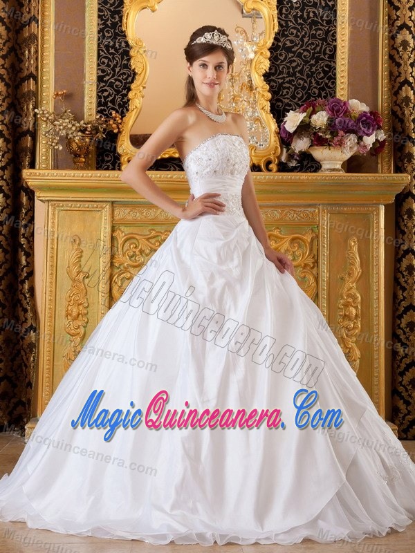 Pretty Princess White Strapless Dress for Quince Appliques for Gilbert