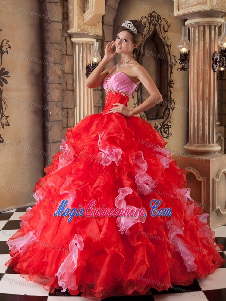 Red Ruffled Beading Ruche Sweetheart Quinceanera Dresses in Fashion
