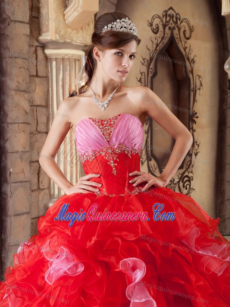 Red Ruffled Beading Ruche Sweetheart Quinceanera Dresses in Fashion