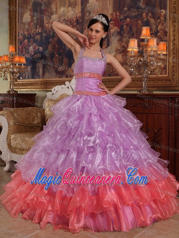 Colorful Halter Top Dresses for Sweet 15 Beading with Ruffled Layers