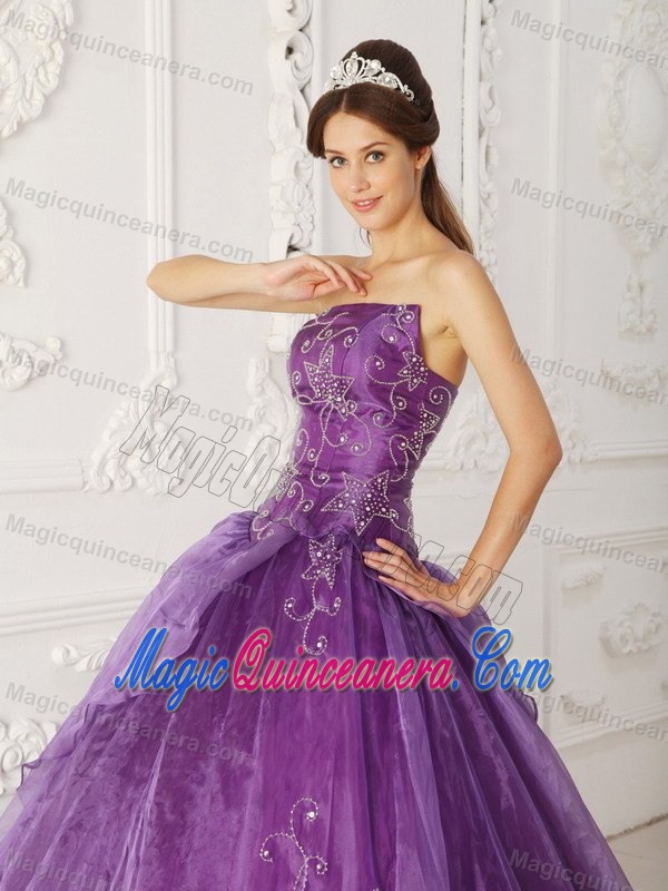 Juneau Purple Strapless Sweet 16 Dress Embroidery Satin and Organza