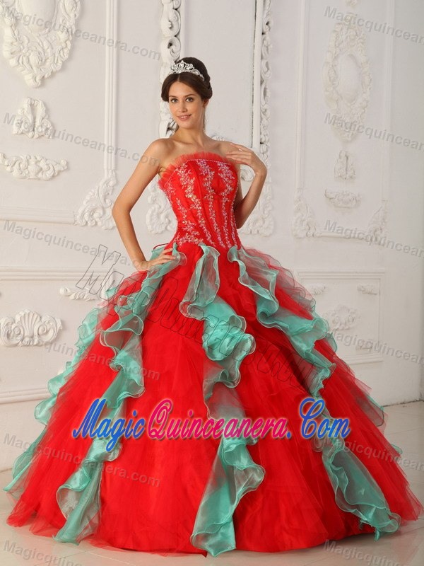 Multi-Color Ruffles Strapless Appliques Dresses for a Quince in Fashion