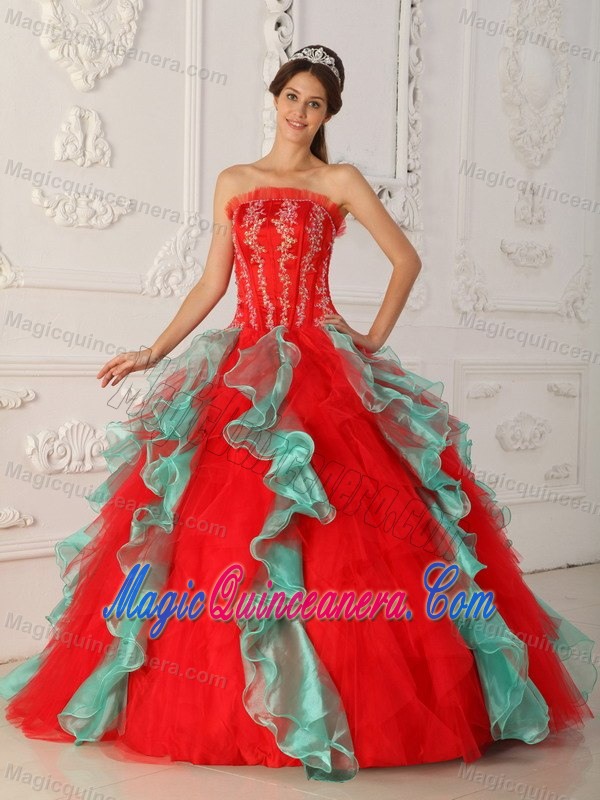 Multi-Color Ruffles Strapless Appliques Dresses for a Quince in Fashion
