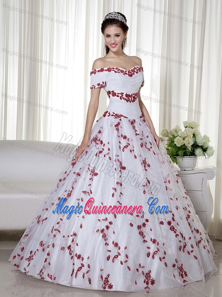 Red Embroidery Accent Off Shoulder White Organza Sweet 16 Dresses