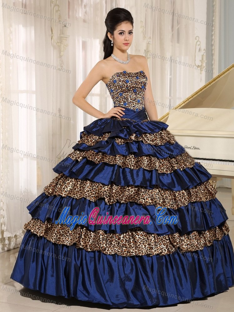Beading and Ruffled Layers Navy Blue Sweet 16 Dresses of Leopard