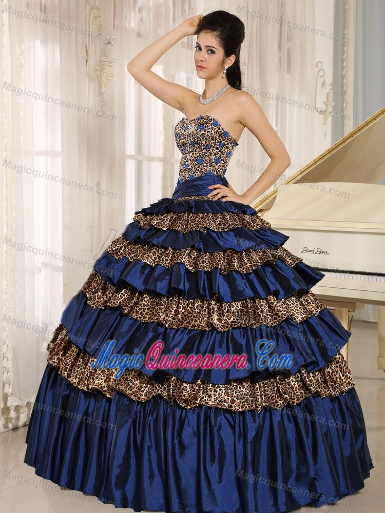 Beading and Ruffled Layers Navy Blue Sweet 16 Dresses of Leopard