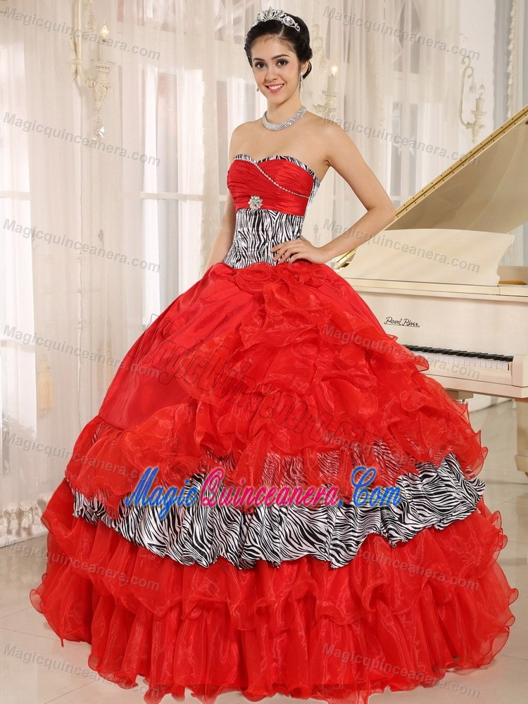 Red Organza Sweetheart Quinceanera Gown Dresses with Zebra Print