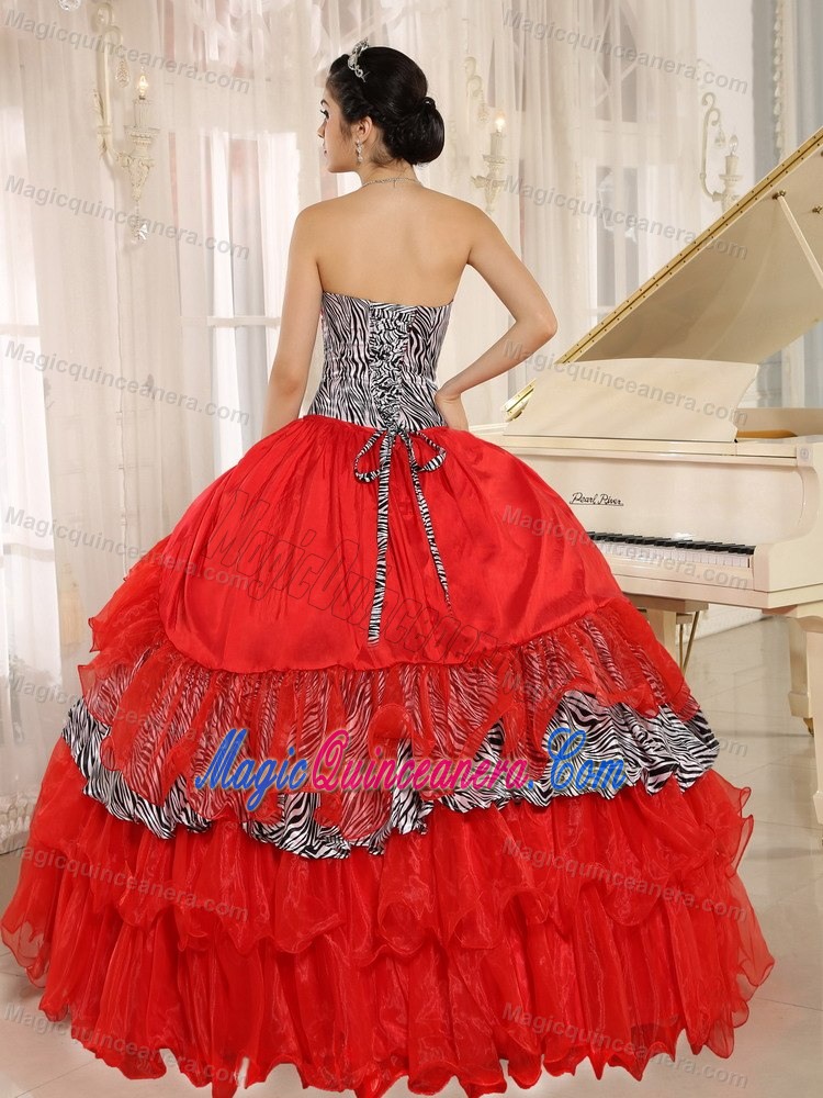 Red Organza Sweetheart Quinceanera Gown Dresses with Zebra Print