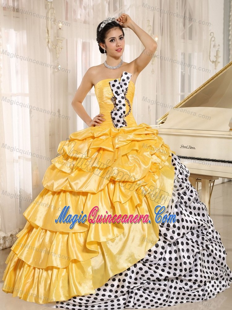 Polka Dots and Taffeta Pick ups Quinceanera Gown Dresses in Gold
