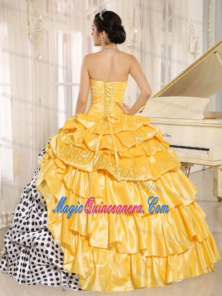 Polka Dots and Taffeta Pick ups Quinceanera Gown Dresses in Gold