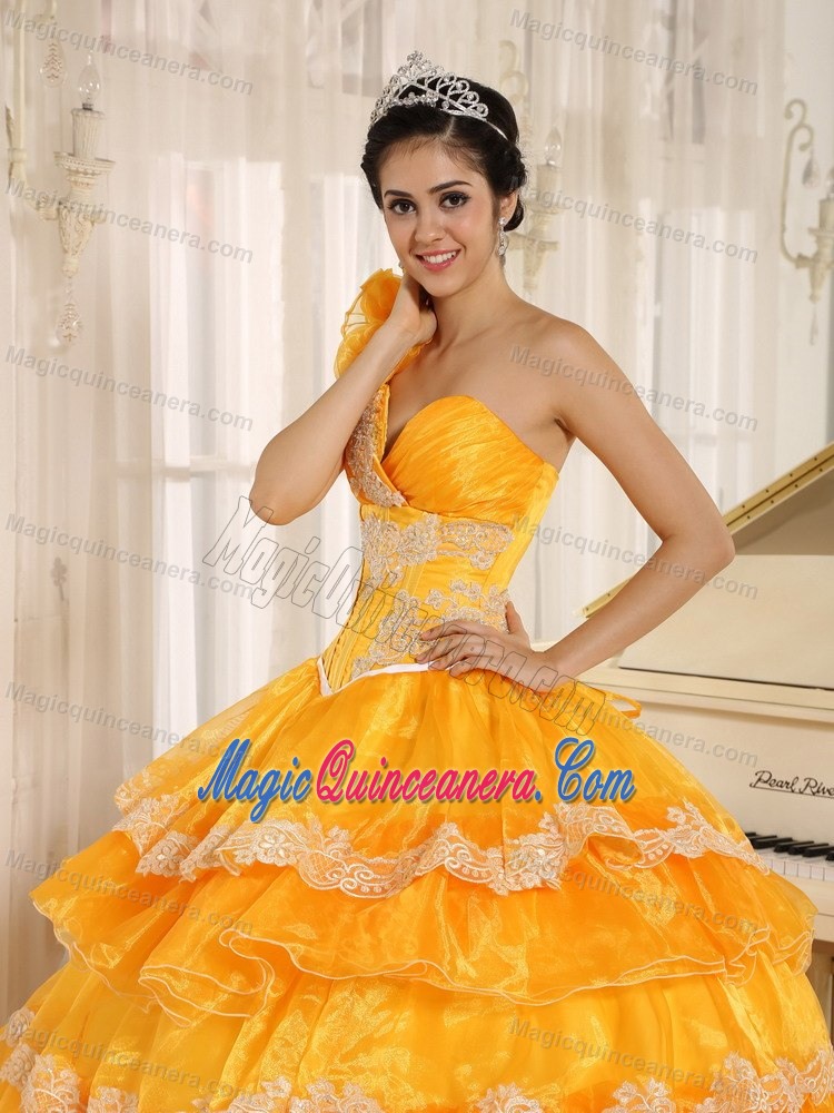 Flowery One Shoulder Orange Organza Sweet 15 Dress with Appliques