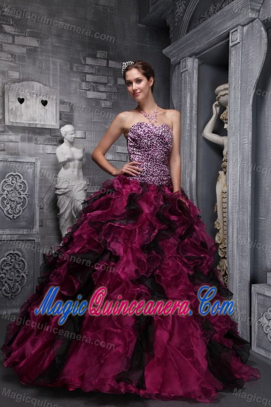Ruffled Colorful Organza Sweet 15 Dresses with Leopard Printing