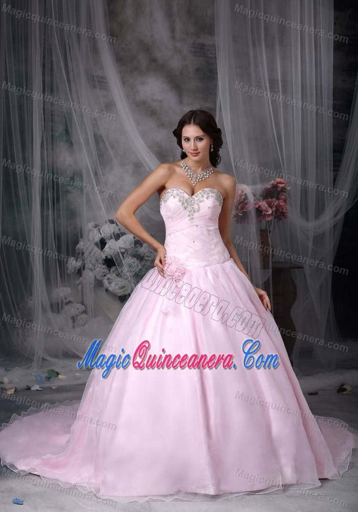 Beaded and Ruched Baby Pink Quinceanera Gowns with Court Train