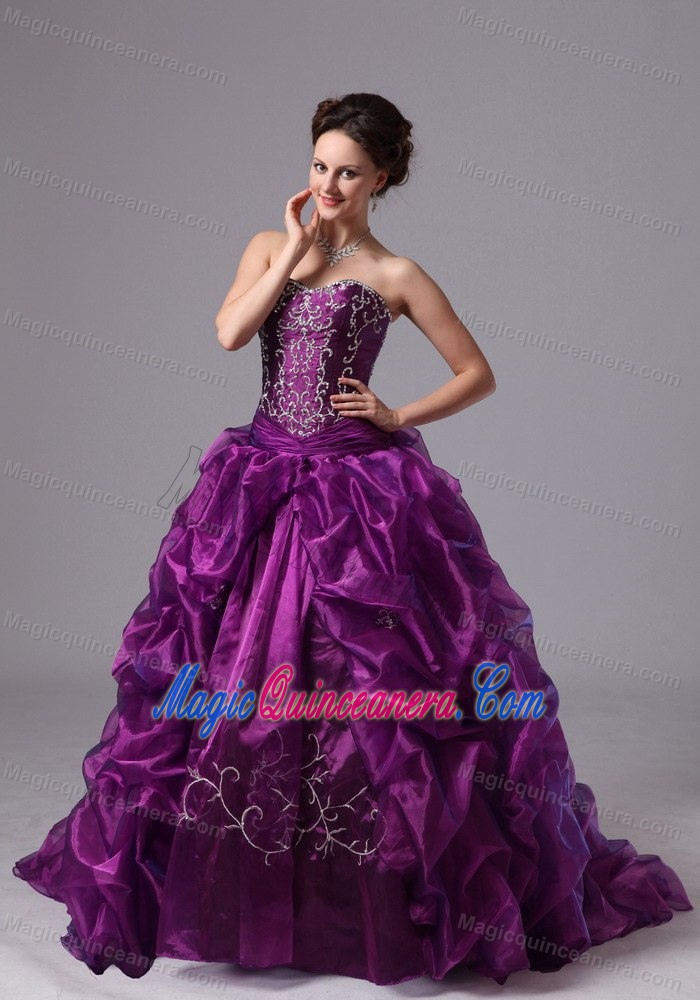 Pick ups and Embroidery Accent Purple Brush Quinceanera Gowns