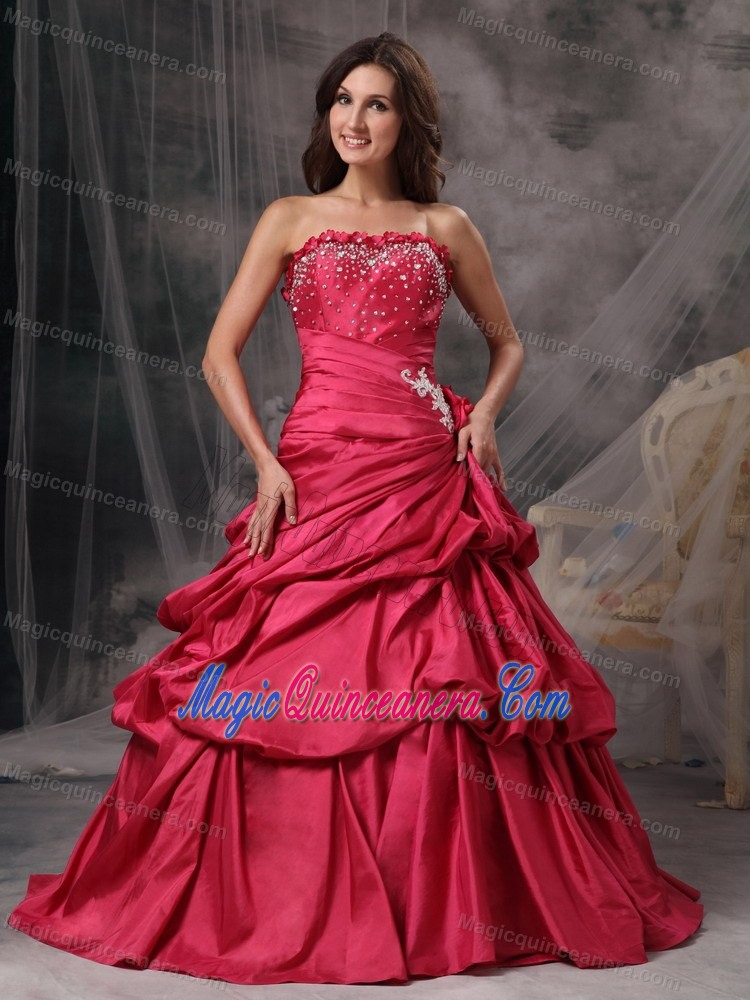 Red A-line Taffeta Quinces Dresses with Beading and Pick ups 2013