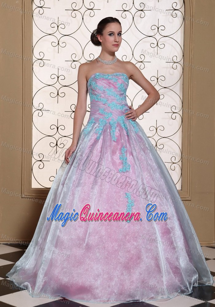 Light Blue Strapless Sweet 15 Dress with Appliques in Organza and Taffeta