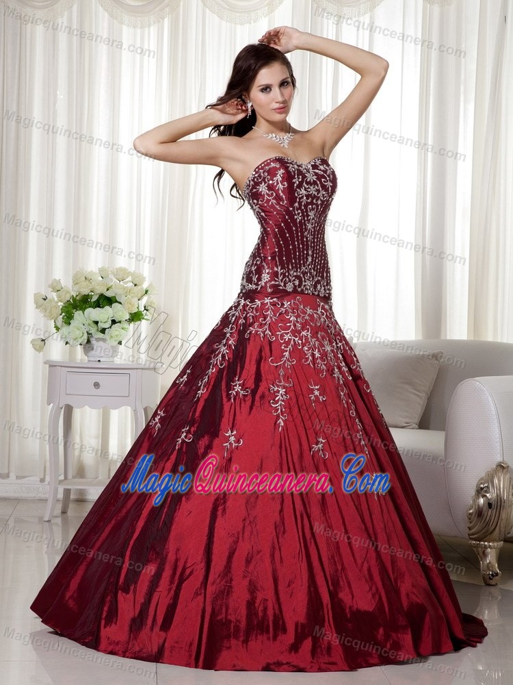 Taffeta Wine Red Sweetheart Quinceanera Dress with Beading and Embroidery