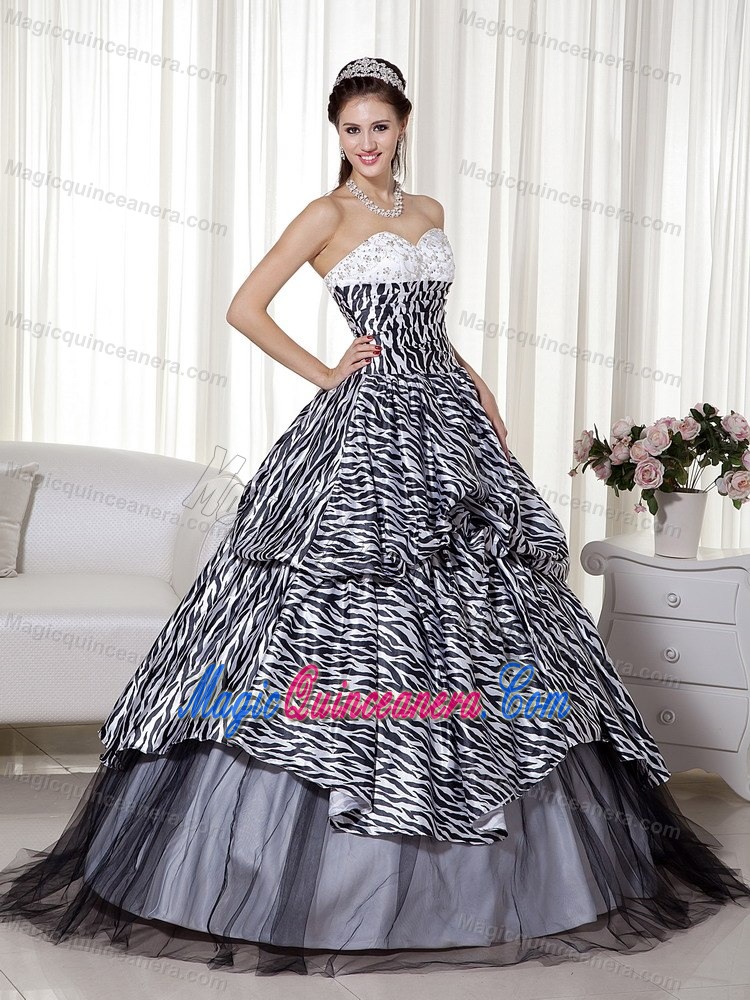 Black and White Quinceanera Dress with Zebra Print Fabric and Ruches