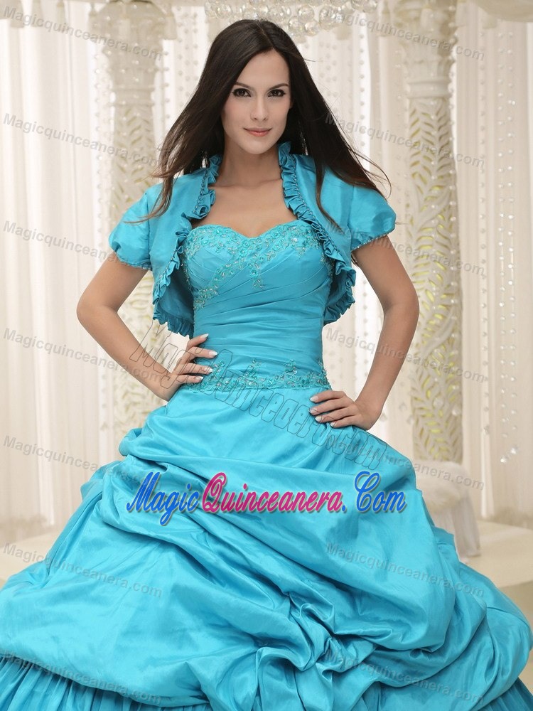 Sweetheart Taffeta Quinceanera Dress with Pick-ups and Embroidery in Teal