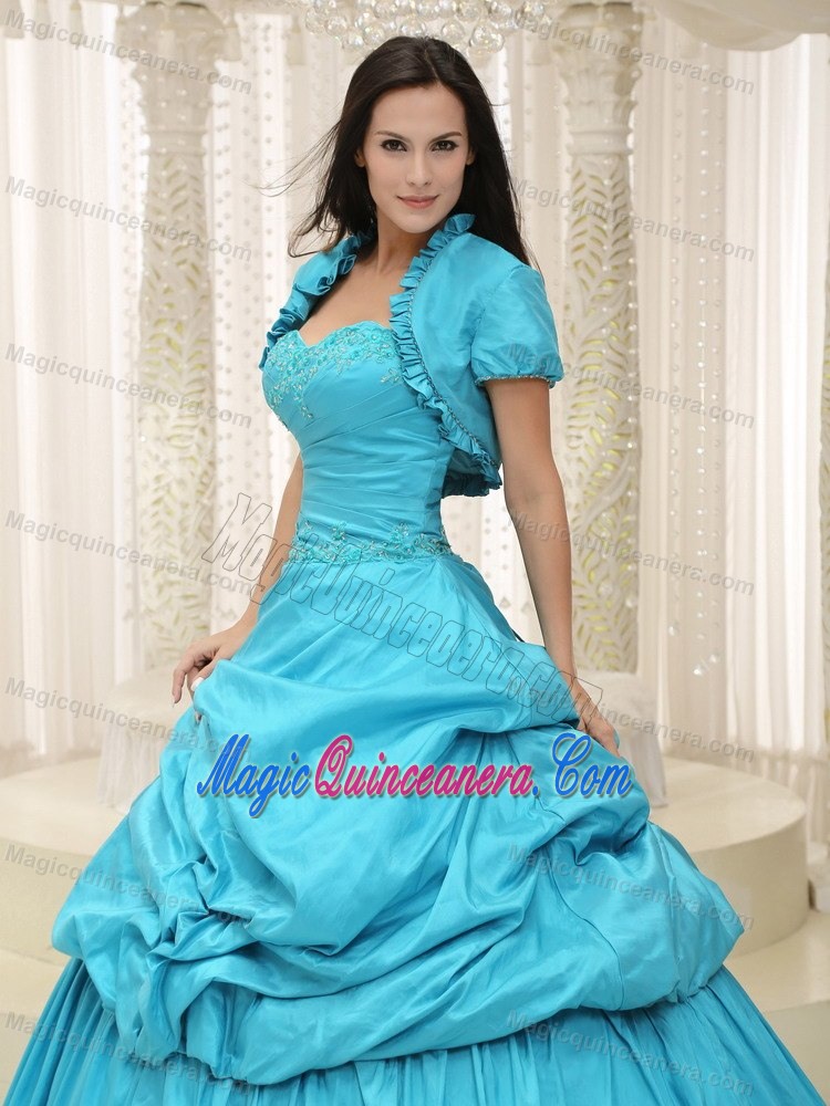 Sweetheart Taffeta Quinceanera Dress with Pick-ups and Embroidery in Teal