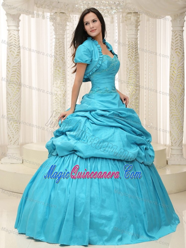 Sweetheart Taffeta Quinceanera Dress with Pick-ups and Embroidery in Teal