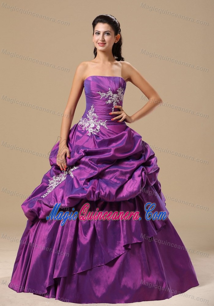 Purple Strapless Sweet 16 Dress with Silver Appliques and Pick-ups