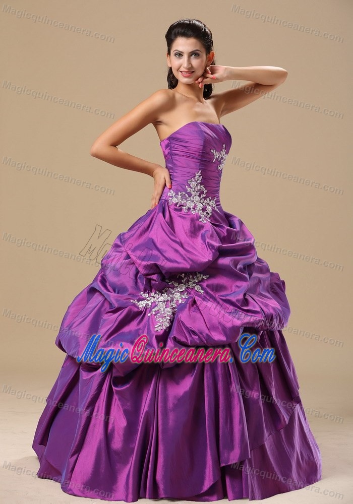 Purple Strapless Sweet 16 Dress with Silver Appliques and Pick-ups
