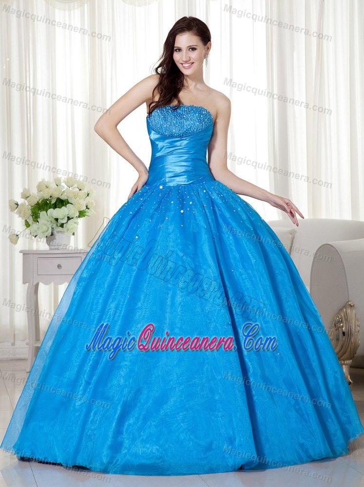 Taffeta and Organza Strapless Quinceanera Dress with Beading in Blue