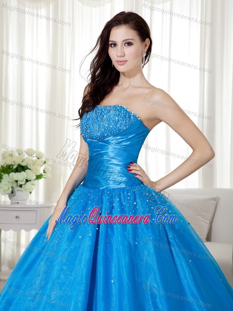 Taffeta and Organza Strapless Quinceanera Dress with Beading in Blue