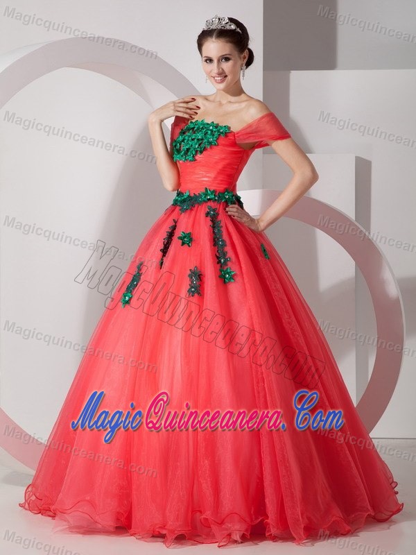 Organza Coral Red Off The Shoulder Quinceanera Dress with Green Appliques